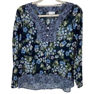 J Jill tunic blouse button down floral black blue violet mixed pattern M